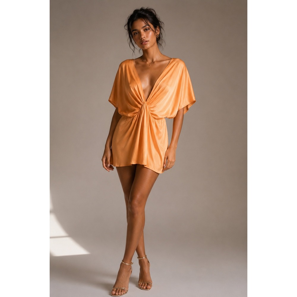 New Orange V‎ Neck Batwing Sleeve Mini Dress XS Sexy Flowy